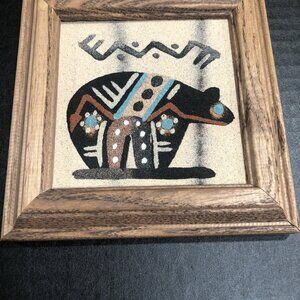 Navajo Sandpainting Fetish Bear Design  Wood Framed 5”x 5” Southwestern